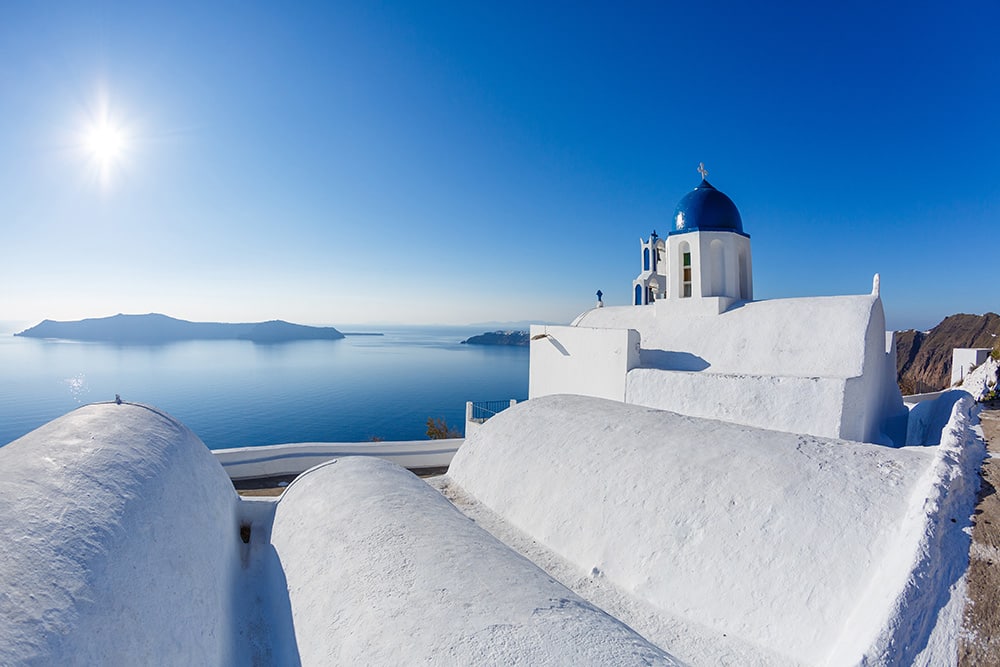 Church overlooking the Mediterranean sea, Santorini, Greece